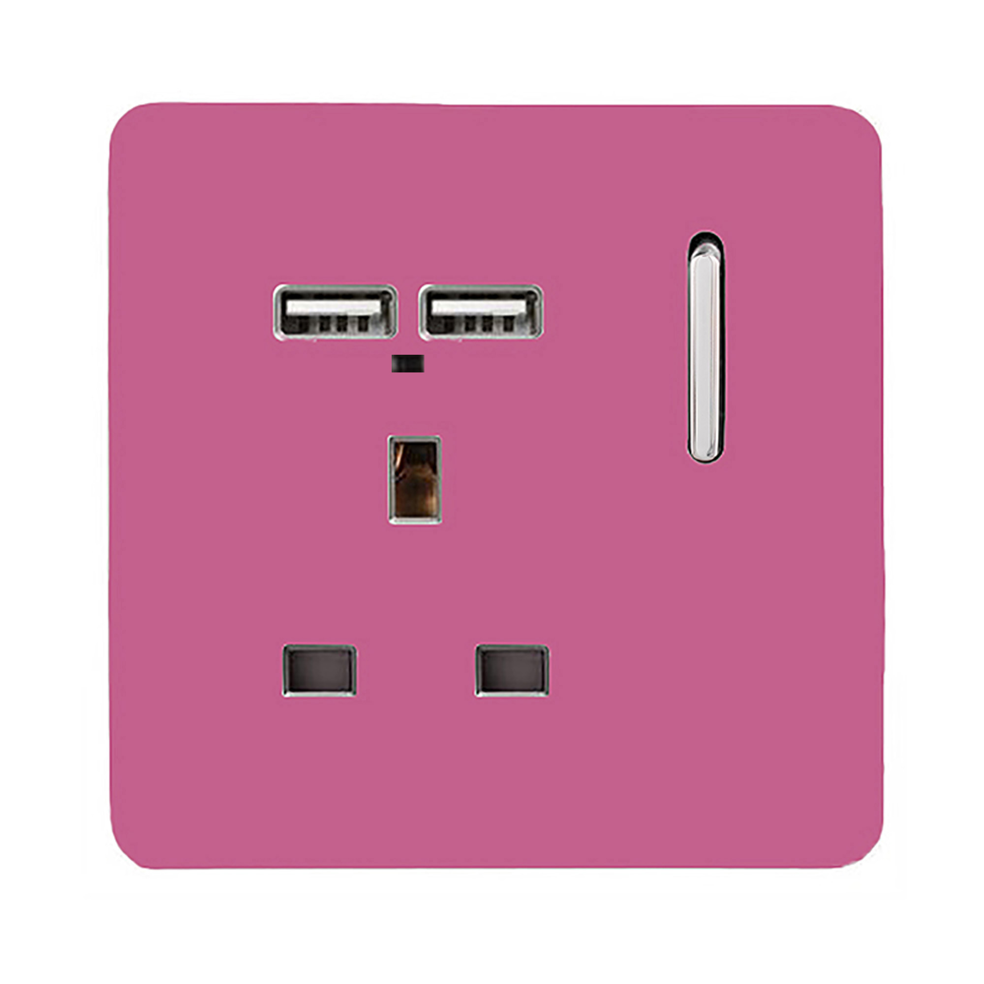 1 Gang Switched Single Socket 13A With 2 x USB-A 10W (Shared) With Neon Insert Pink